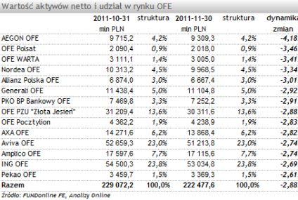 Aktywa OFE spadły w listopadzie o -6,6 mld zł