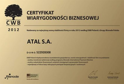 ATAL SA otrzymała prestiżowy "Certyfikat Wiarygodności Biznesowej"